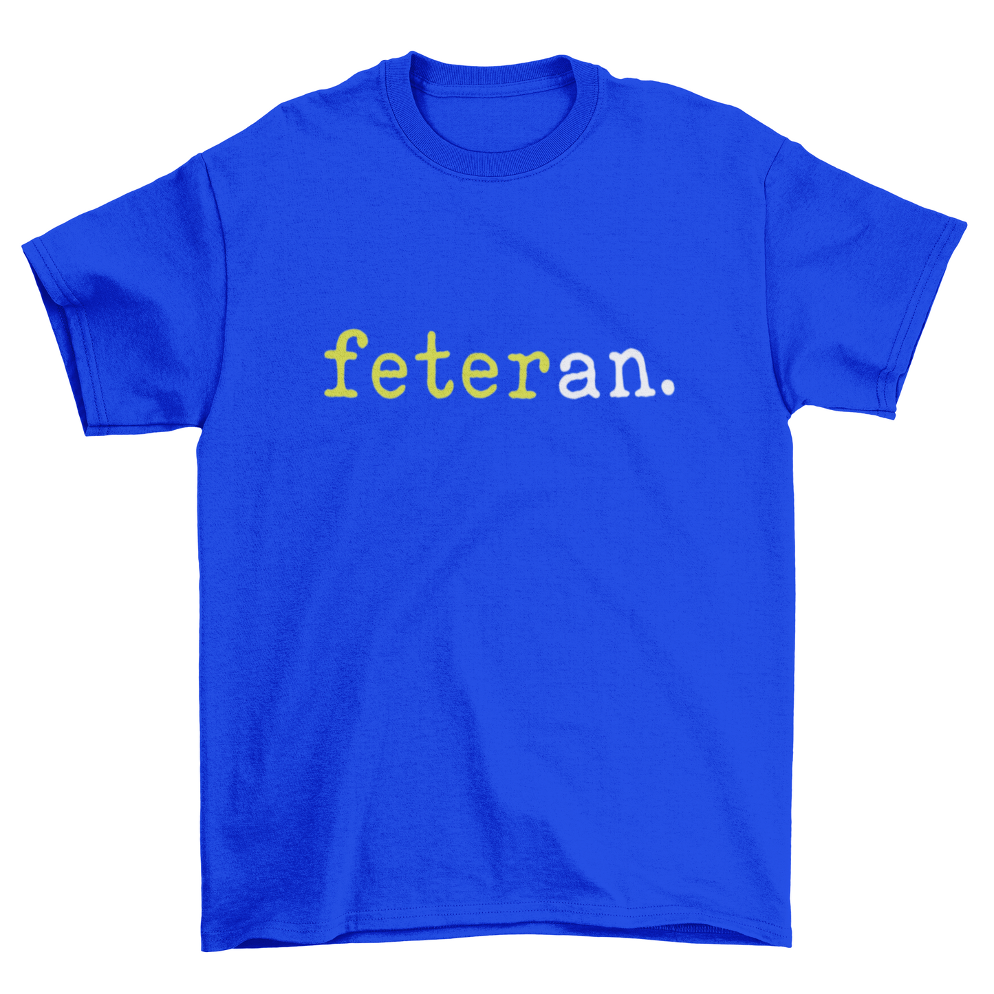 Feteran Short Sleeve Blue T-Shirt with Charteuse and White Text
