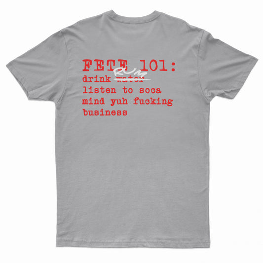 Fete 101 Rum Short Sleeved Gray T-shirt w/ Red and White Text